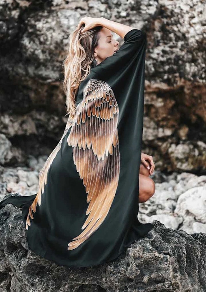 Luxe silk kimono long "Black Caramel wings" - Warriors of the divine