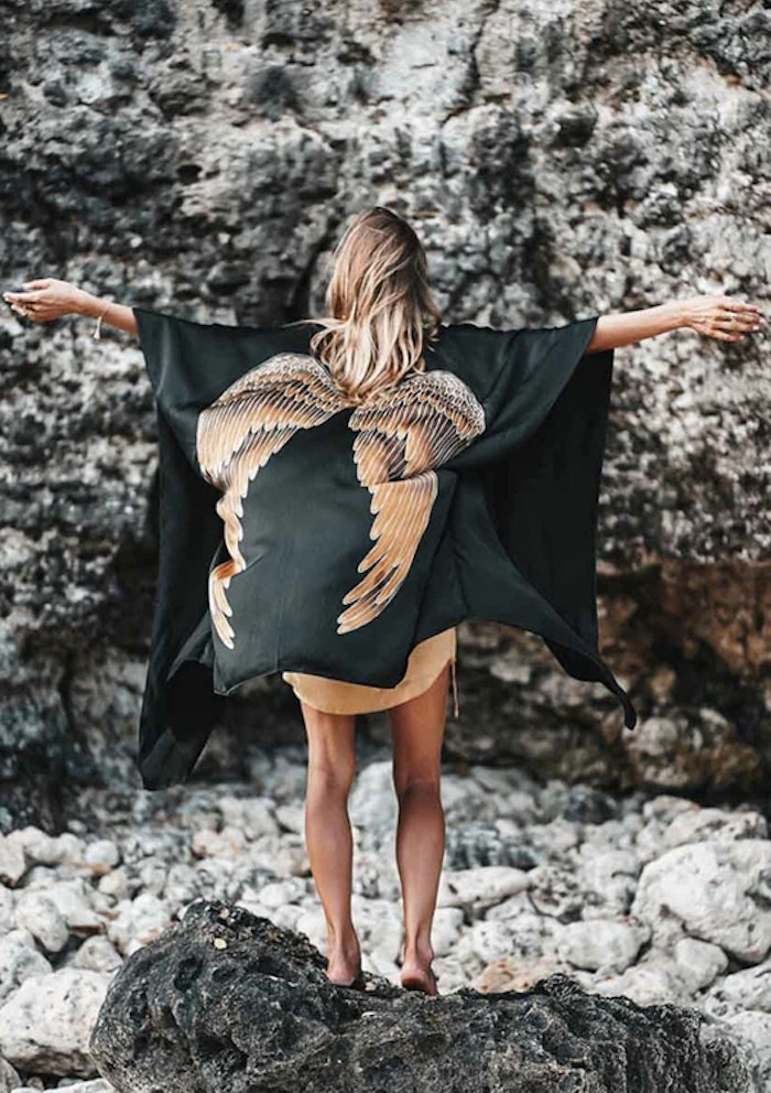 Luxe silk kimono long "Black Caramel wings" - Warriors of the divine