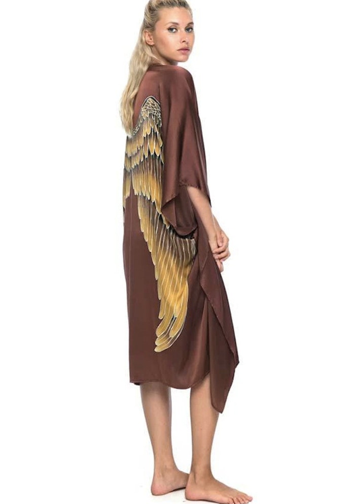 Luxe silk kimono long "Burnt Chocolate Caramel wings" - Warriors of the divine