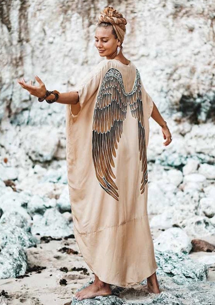 Luxe silk Kaftan "Golden Goddess Caramel wings" - Warriors of the divine