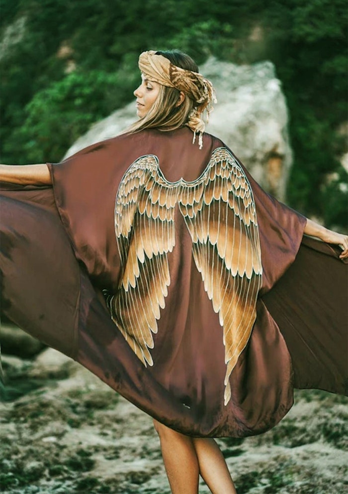 Luxe silk kimono long "Burnt Chocolate Caramel wings" - Warriors of the divine