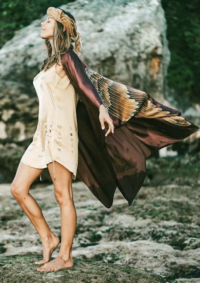 Luxe silk kimono long "Burnt Chocolate Caramel wings" - Warriors of the divine