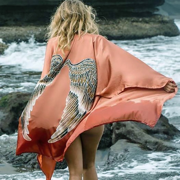 Luxe silk kimono short "Desert orange caramel wings" - Warriors of the divine