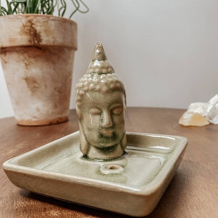 Rökelsehållare Keramik Kvadratisk Buddha Grön