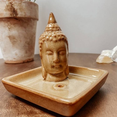 Rökelsehållare Keramik Kvadratisk Buddha Gul
