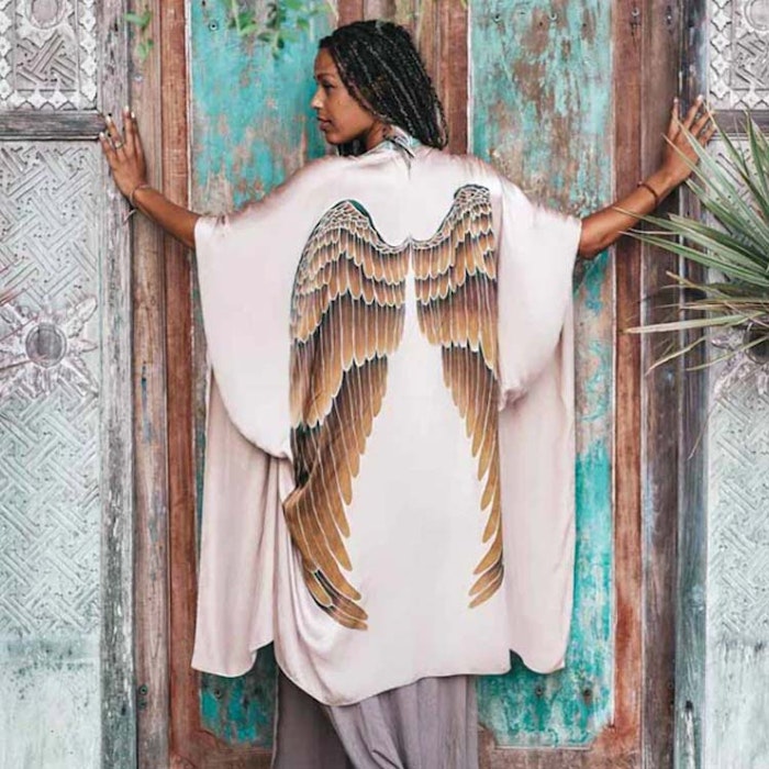 Luxe silk kimono long "Champagne Caramel wings" - Warriors of the divine