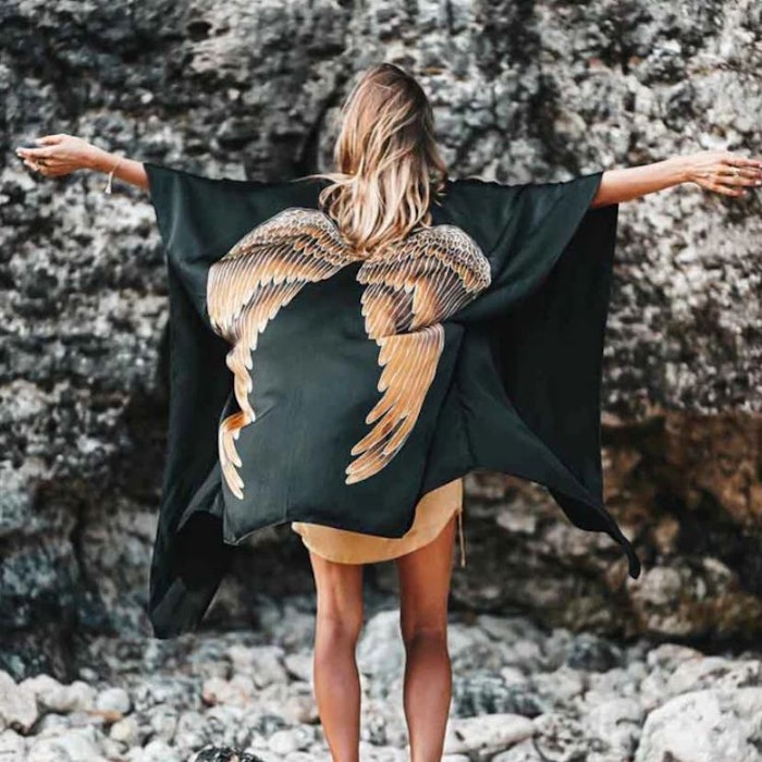 Luxe silk kimono short "Black Caramel wings" - Warriors of the divine