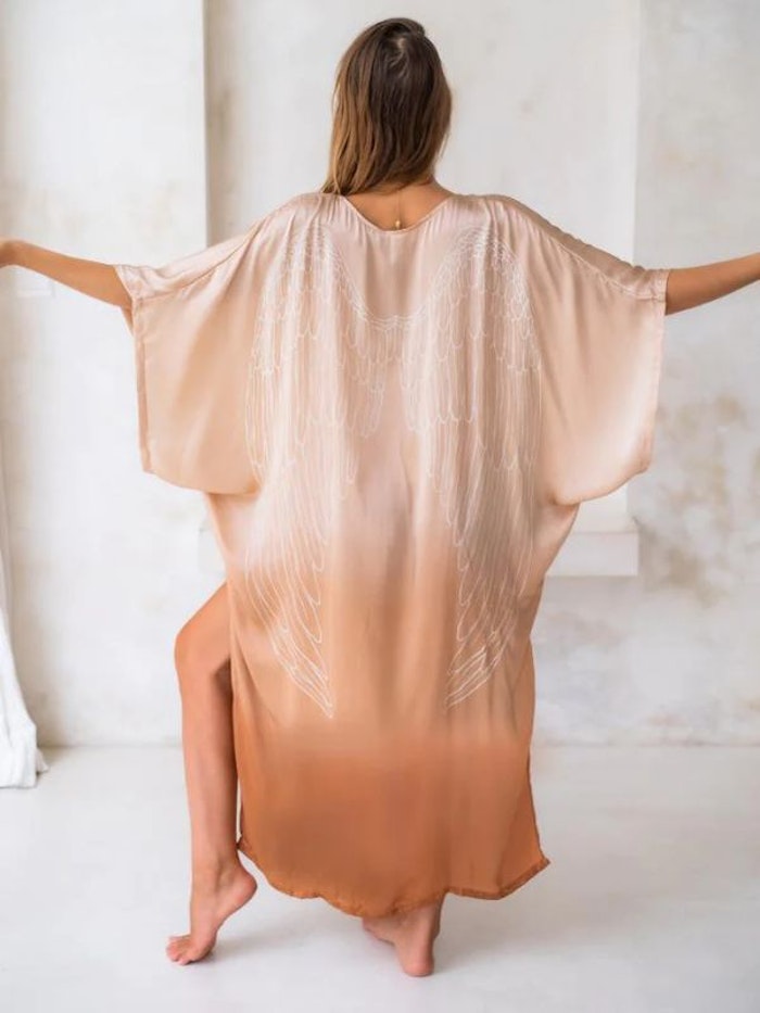 Luxe silk Kaftan "Ombre Large white wings" - Warriors of the divine