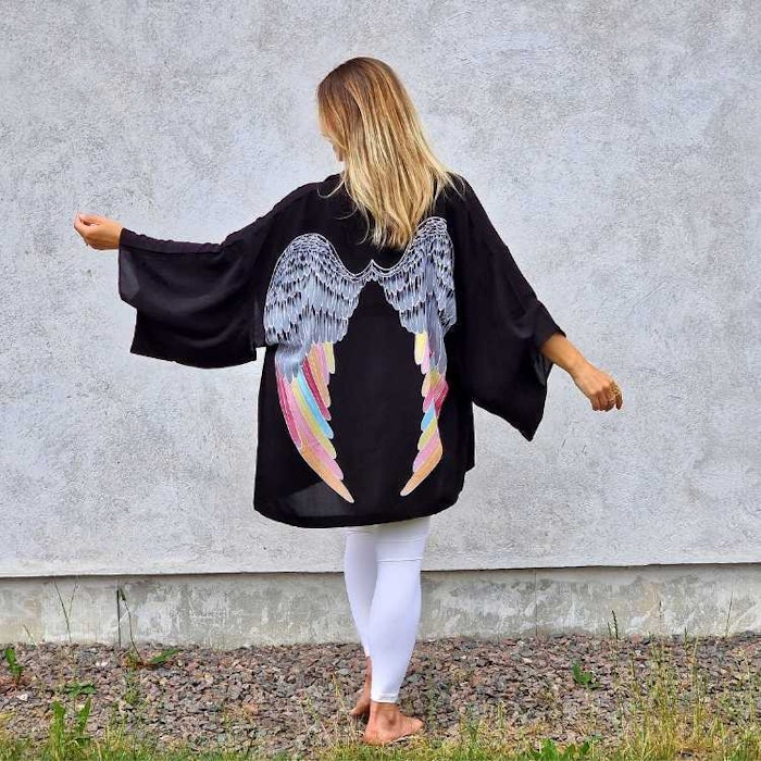 Everyday kimono "Black with Rainbow wings" short 75cm - Warriors of the divine