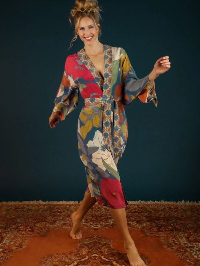 Kimono Winter Floral Print Heather long - Powder design