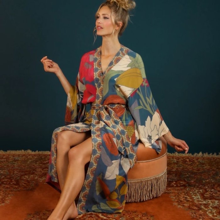 Kimono Winter Floral Print Heather long - Powder design