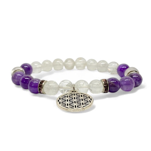 Bergkristall, Ametist (Livets Blomma) 8mm pärlor Armband