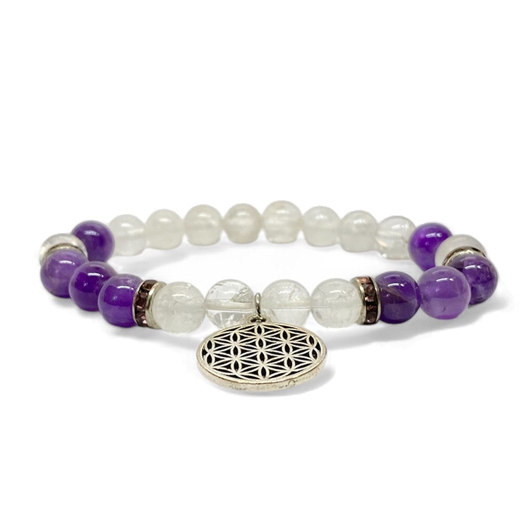 Bergkristall, Ametist (Livets Blomma) 8mm pärlor Armband