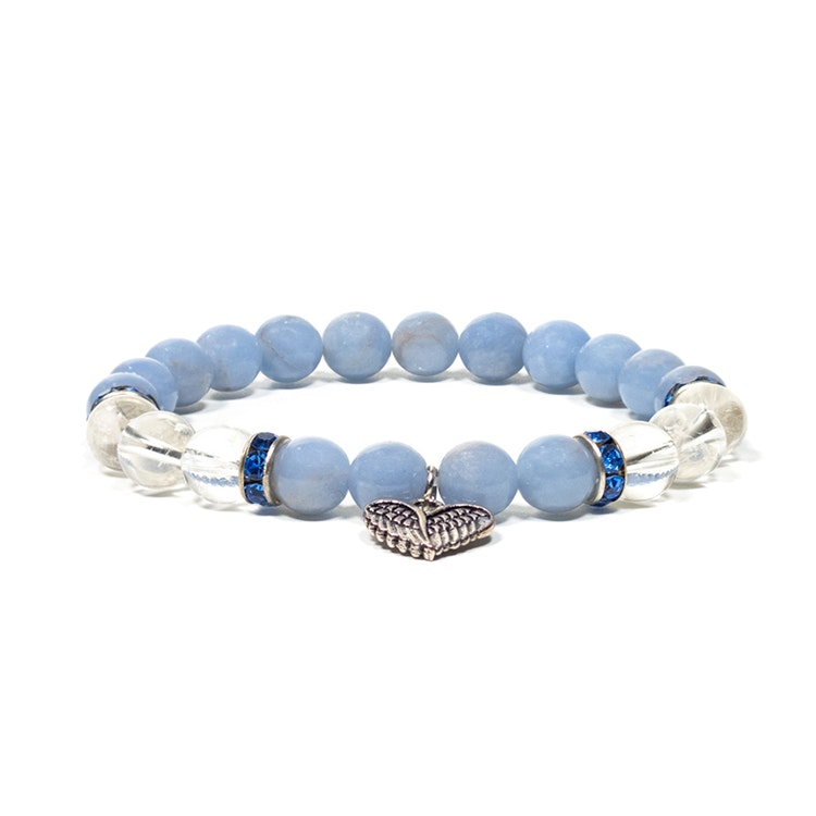 Angelit, Bergkristall (Änglavingar) 8mm pärlor Armband