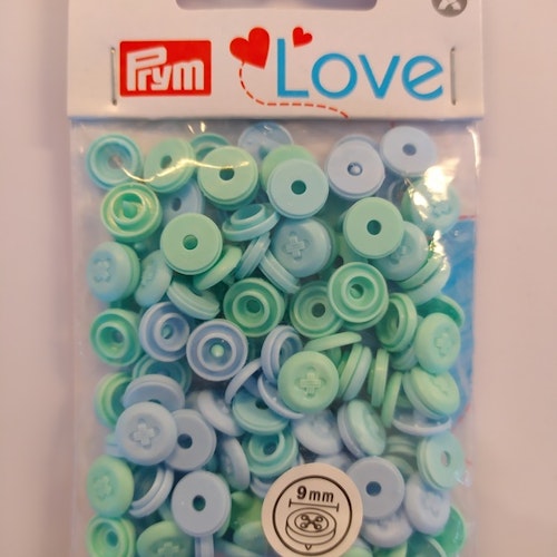 Colour snaps - LOVE mini Runda, 9mm mint/blå