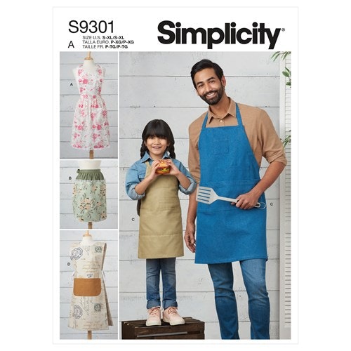 Simplicity 9301 A Förkläde Familj, Barn/vuxen flera plagg Storlek S-XL