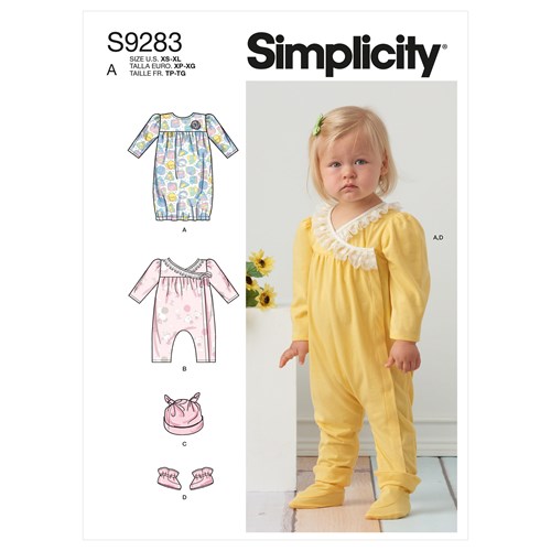 Simplicity 9283 A Baby Nattdräkt med volang, jumpsuit, tofflor storlek 0-18 mån