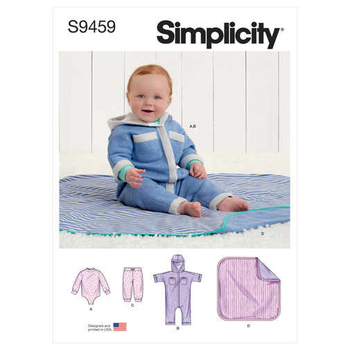 Simplicity 9459 Barn Body, jumpsuit, byxa, filt Storlek 1-18 månader XXS-L Flera plagg