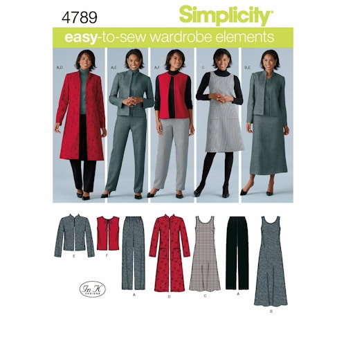 Simplicity 4789AA Dambyxa, klänning, kavaj o tröja i 2 längder. Stl 36-44.