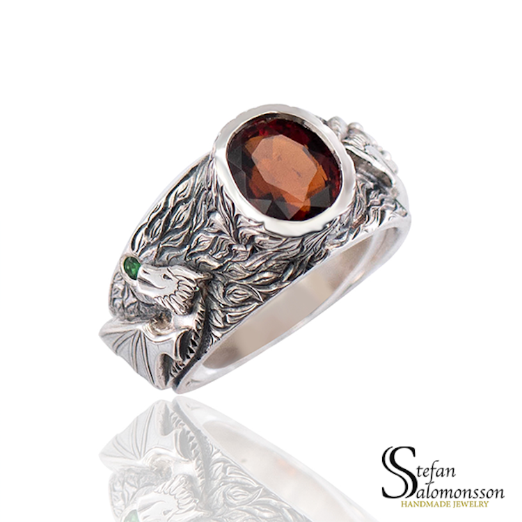 Silver dragon ring with garnets