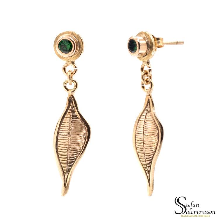 Gold leaf earrings with tsavorites