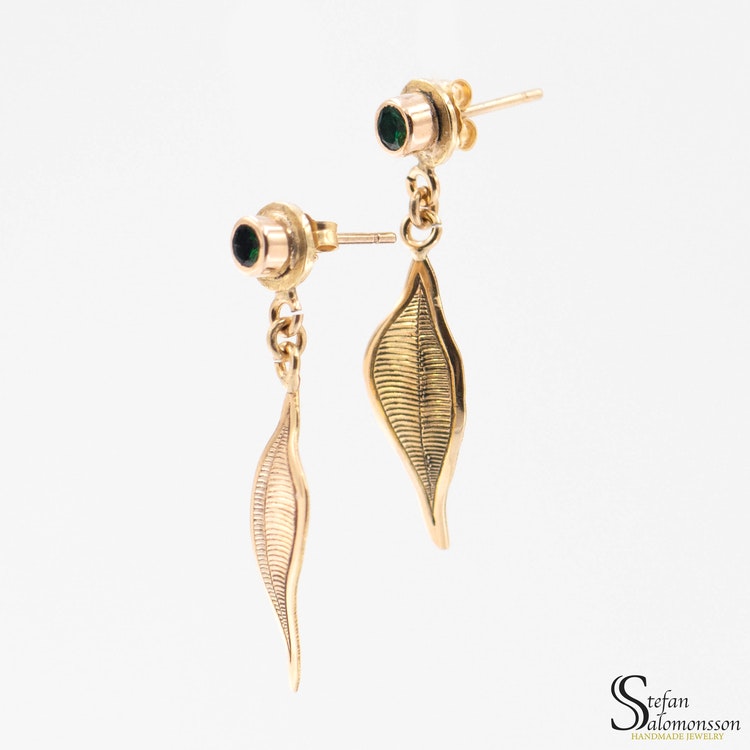 Gold leaf earrings with tsavorites