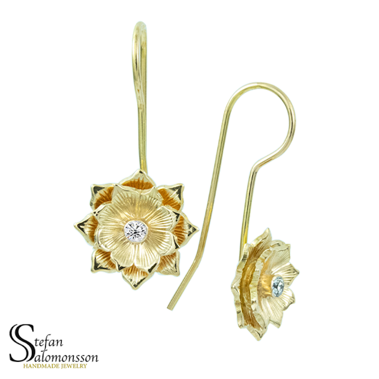 Gold lotus earrings with diamonds