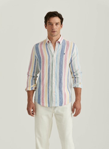 Morris - Linen Happy Stripe Shirt, Light Blue