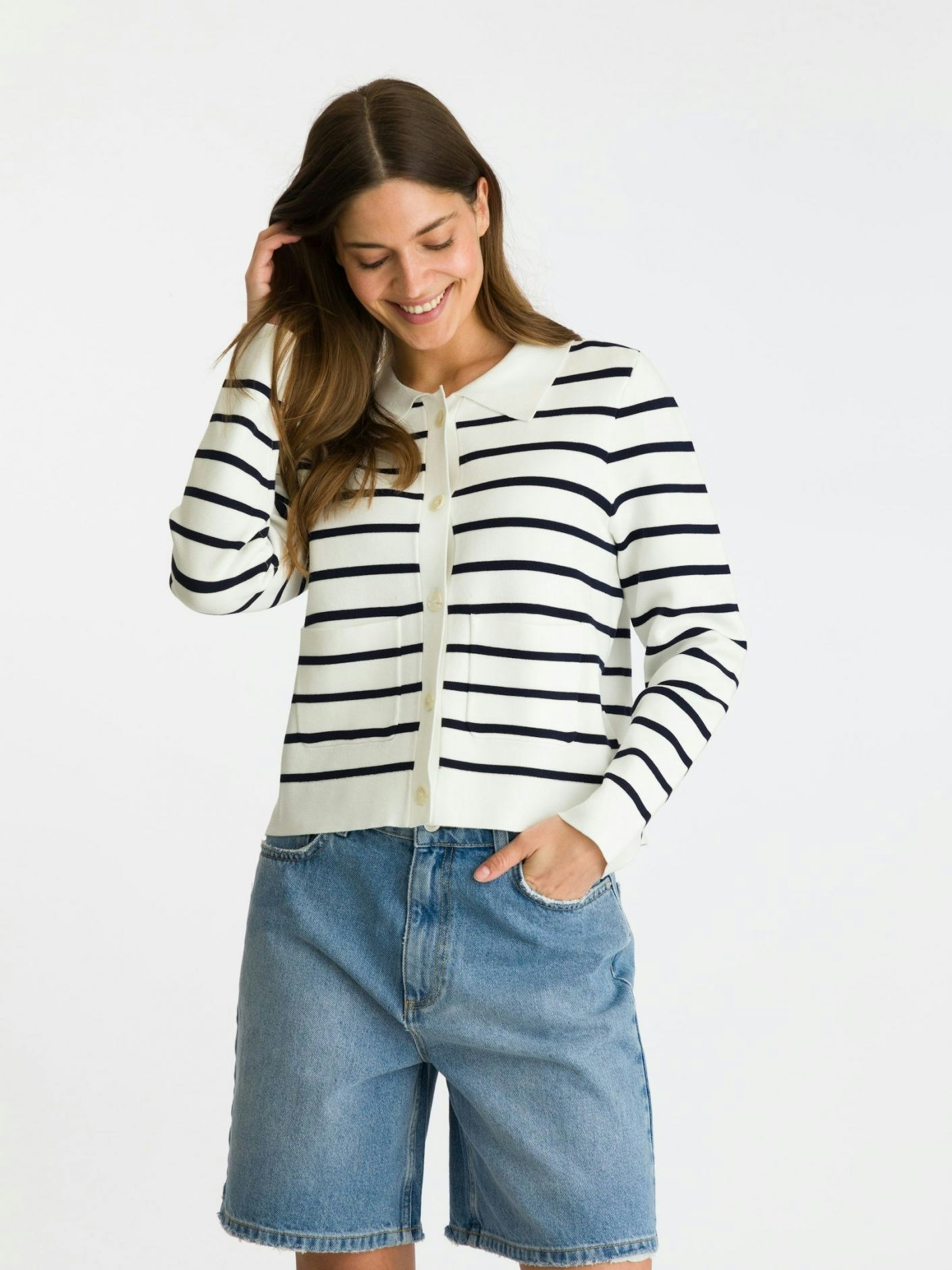 Neo Noir - Tippi Knit Stripe Cardigan (White/ Navy)