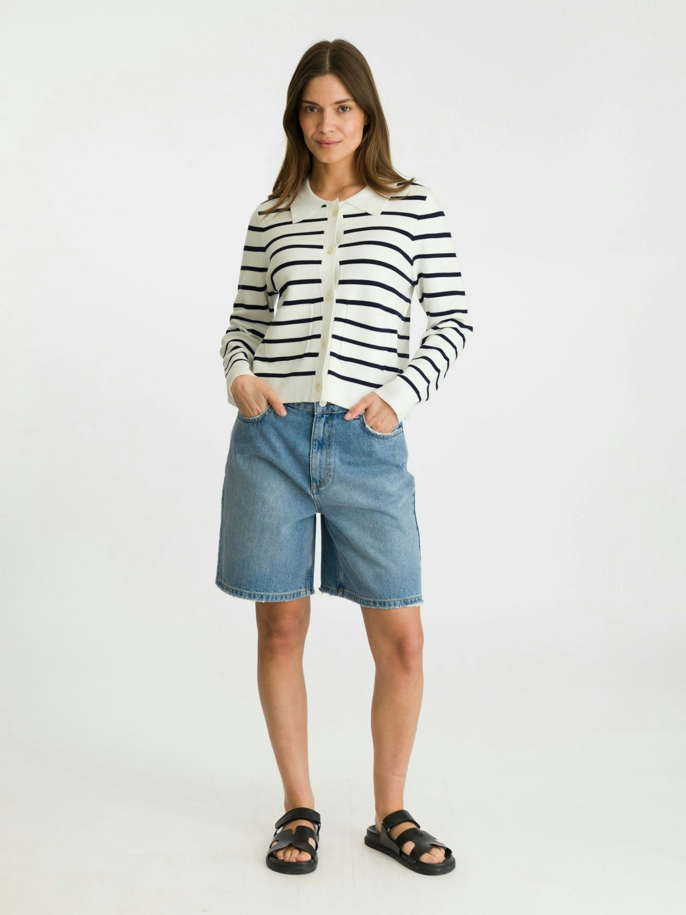 Neo Noir - Tippi Knit Stripe Cardigan (White/ Navy)
