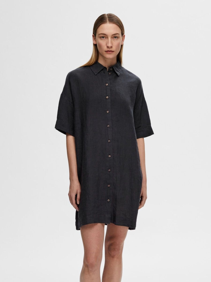 Selected Femme - SLFLINNIE 2/4 SHORT LINEN SHIRT DRESS (Black)