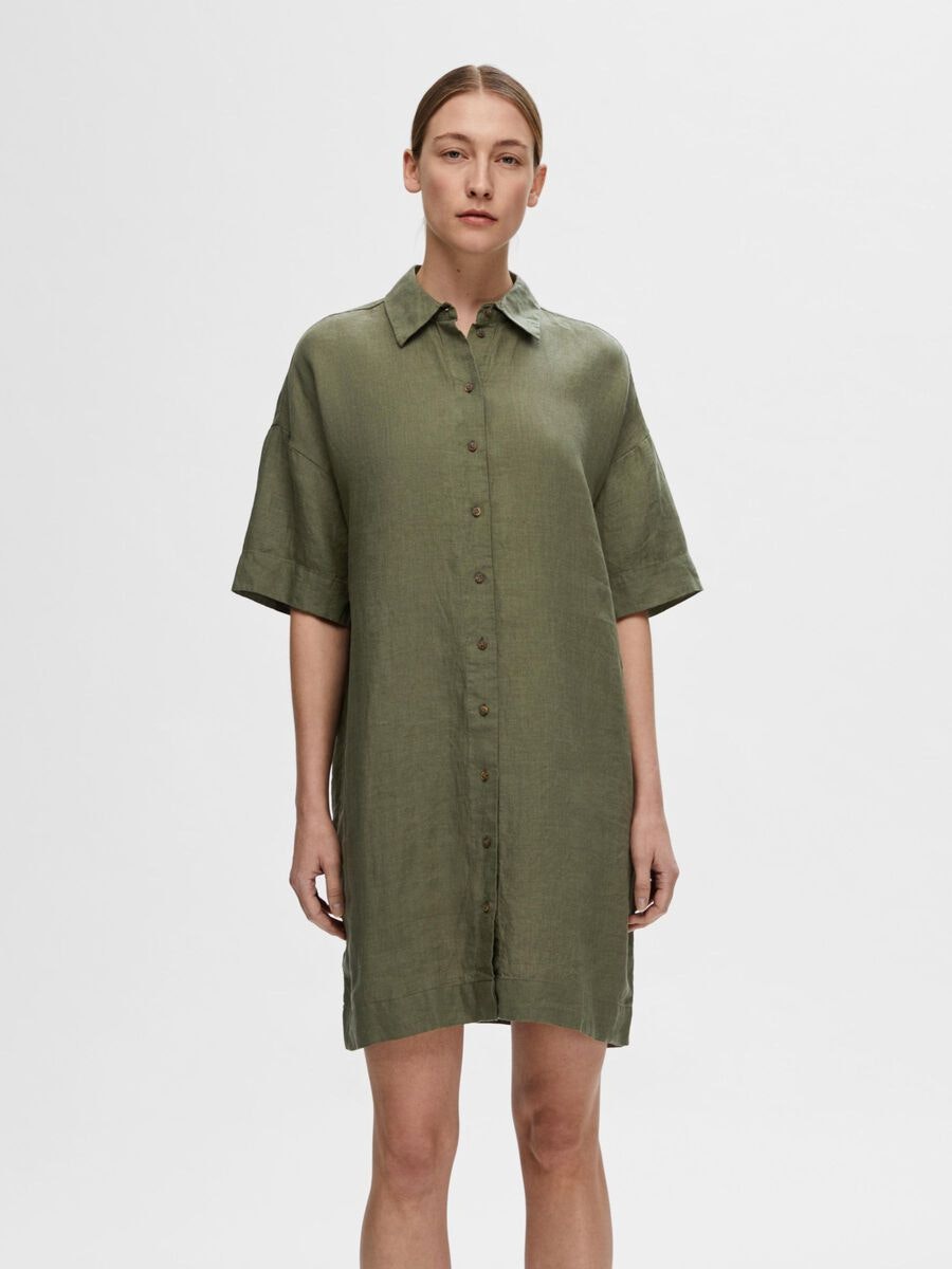 Selected Femme - SLFLINNIE 2/4 SHORT LINEN SHIRT DRESS (Olivine)