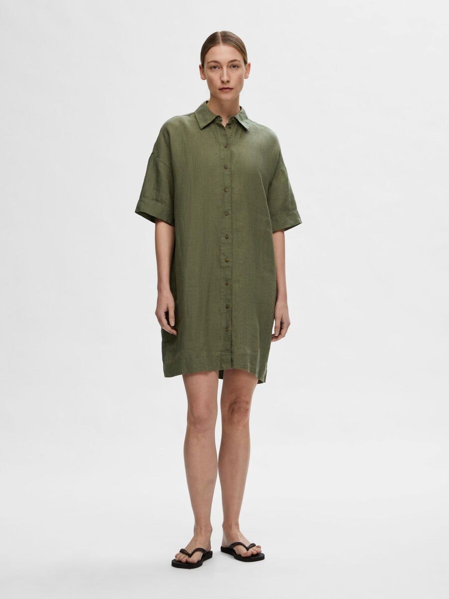 Selected Femme - SLFLINNIE 2/4 SHORT LINEN SHIRT DRESS (Olivine)