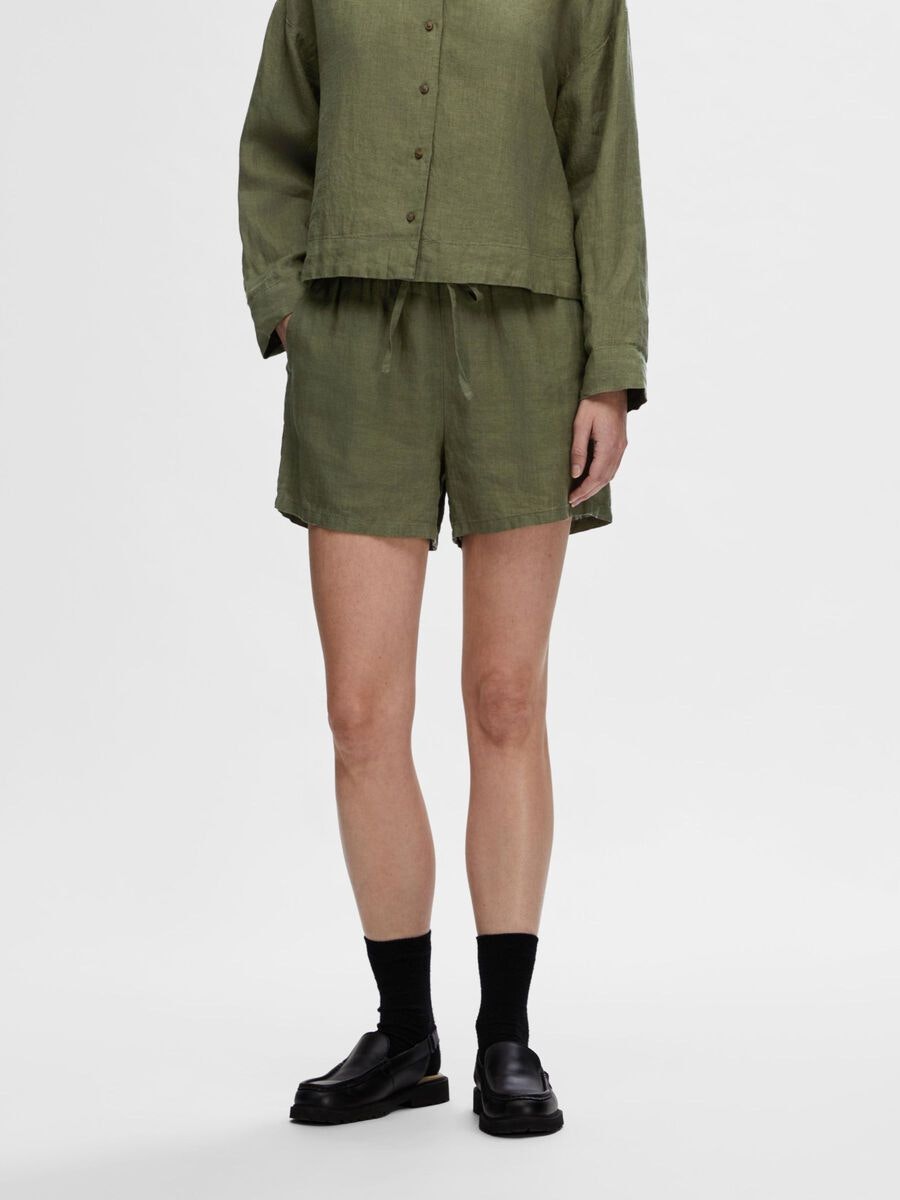 Selected Femme - SLFLINNIE MW LINEN SHORTS B (Olivine)