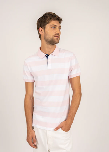 Saint James - Scott polo shirt with large stripes (Rose/ Blanc)