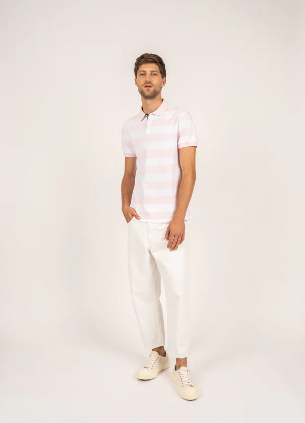 Saint James - Scott polo shirt with large stripes (Rose/ Blanc)