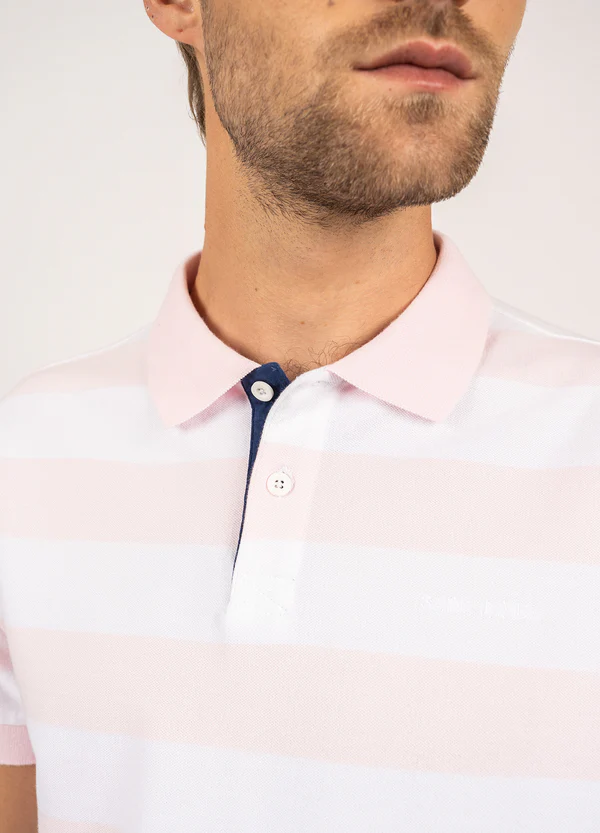 Saint James - Scott polo shirt with large stripes (Rose/ Blanc)