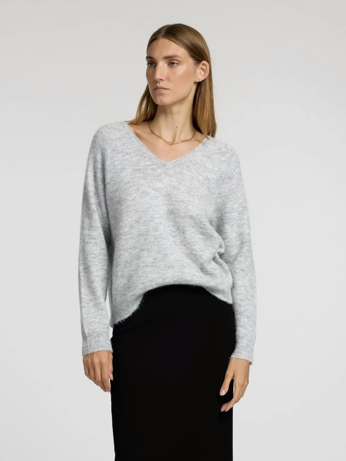 Selected Femme - SLFLULU NEW LS KNIT V-NECK B NOOS (Light Grey Melange)