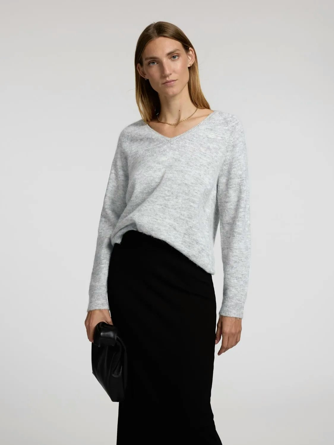 Selected Femme - SLFLULU NEW LS KNIT V-NECK B NOOS (Light Grey Melange)