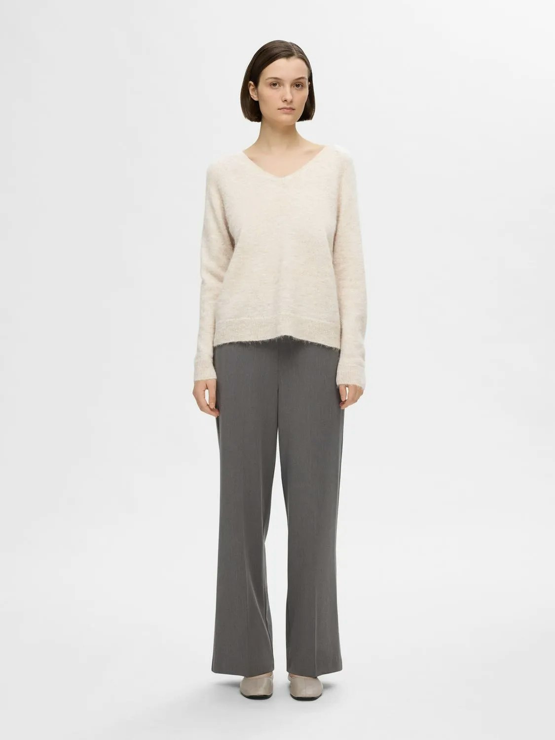 Selected Femme - SLFLULU NEW LS KNIT V-NECK B NOOS (Birch Melange)