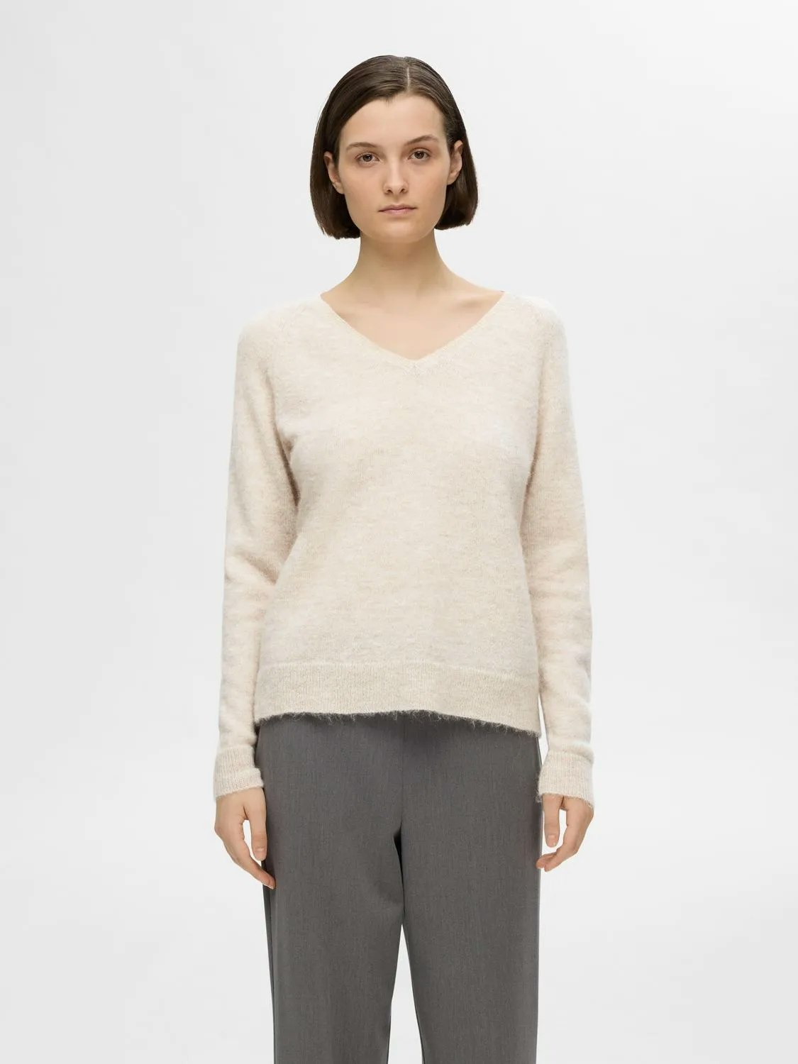 Selected Femme - SLFLULU NEW LS KNIT V-NECK B NOOS (Birch Melange)