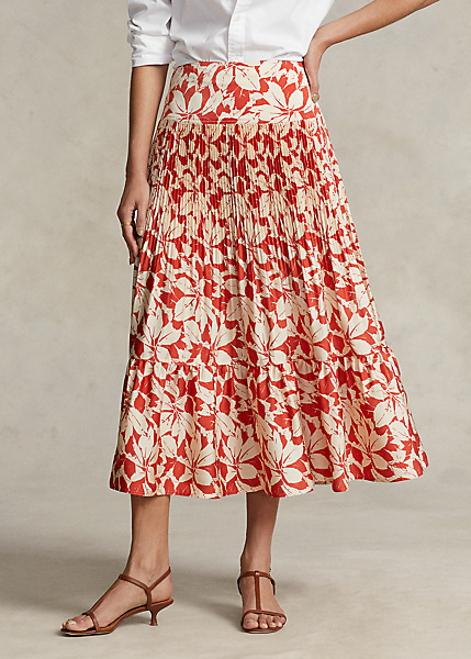 Ralph Lauren - Print Satin Pleated A-Line Midi Skirt