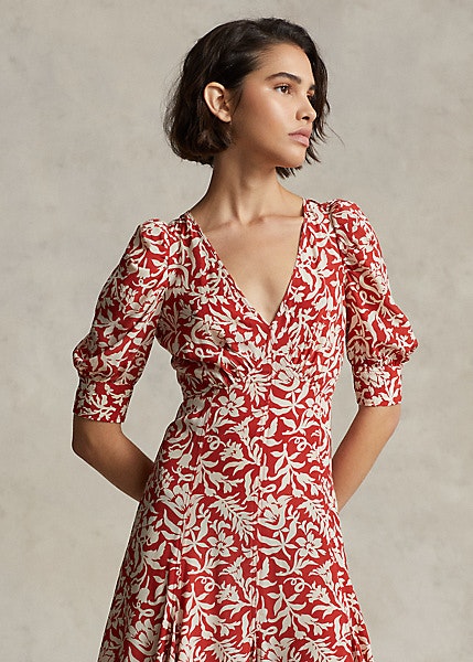 Ralph Lauren - Floral Mutton-Sleeve Godet Crepe Dress - Märkesbutiken