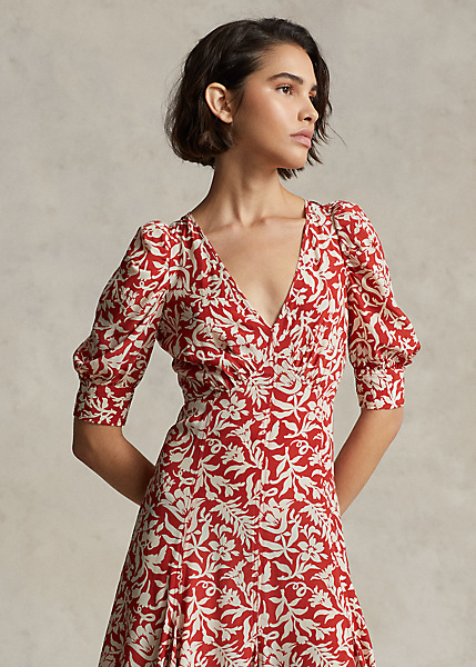 Ralph Lauren - Floral Mutton-Sleeve Godet Crepe Dress