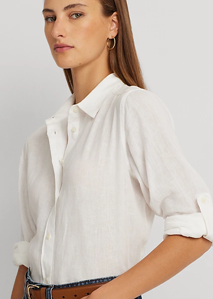 Ralph Lauren Lauren - Linen Roll Tab-Sleeve Shirt - White