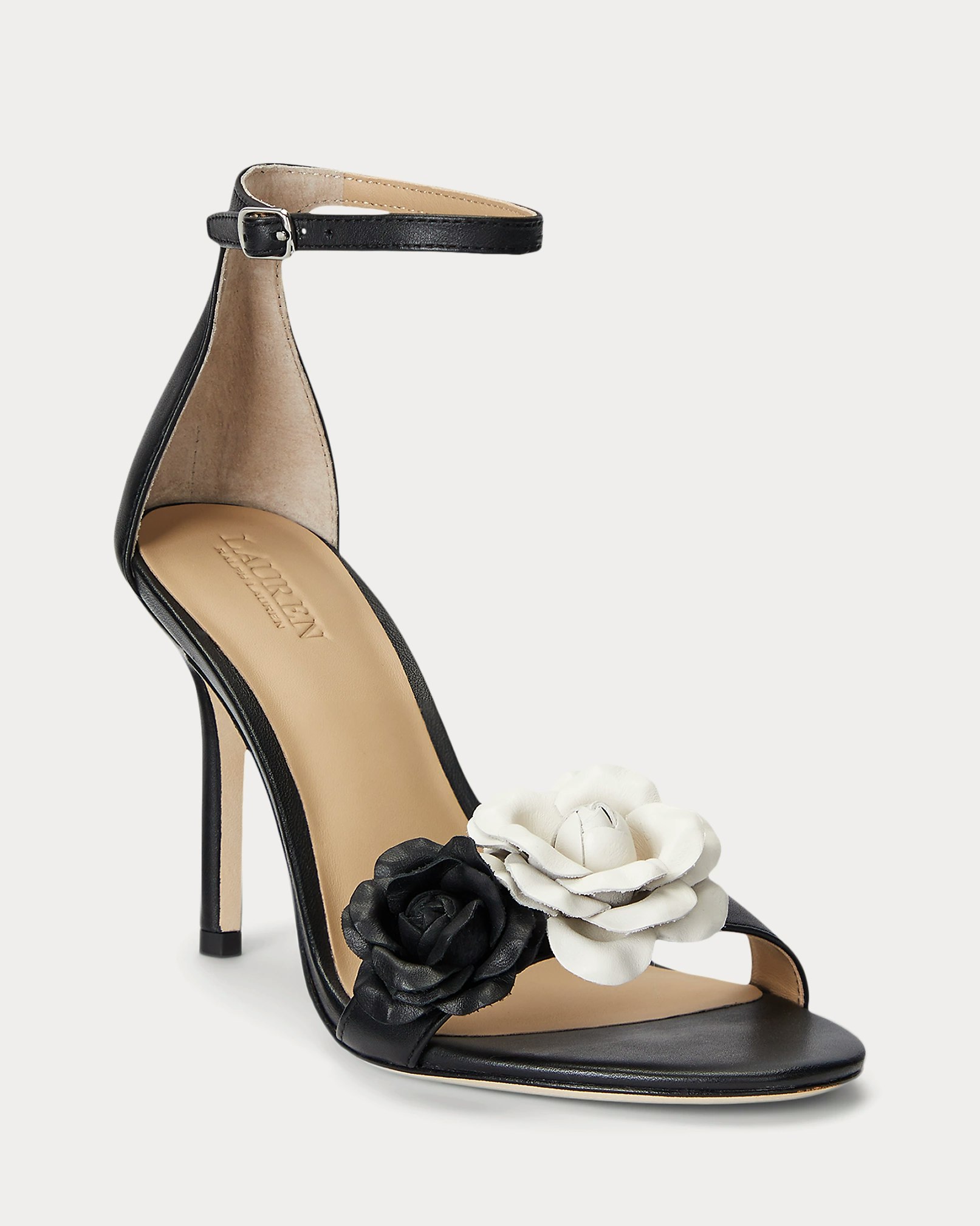Ralph Lauren - Lauren - Allie Floral-Trim Nappa Leather Sandal - Black/Soft White