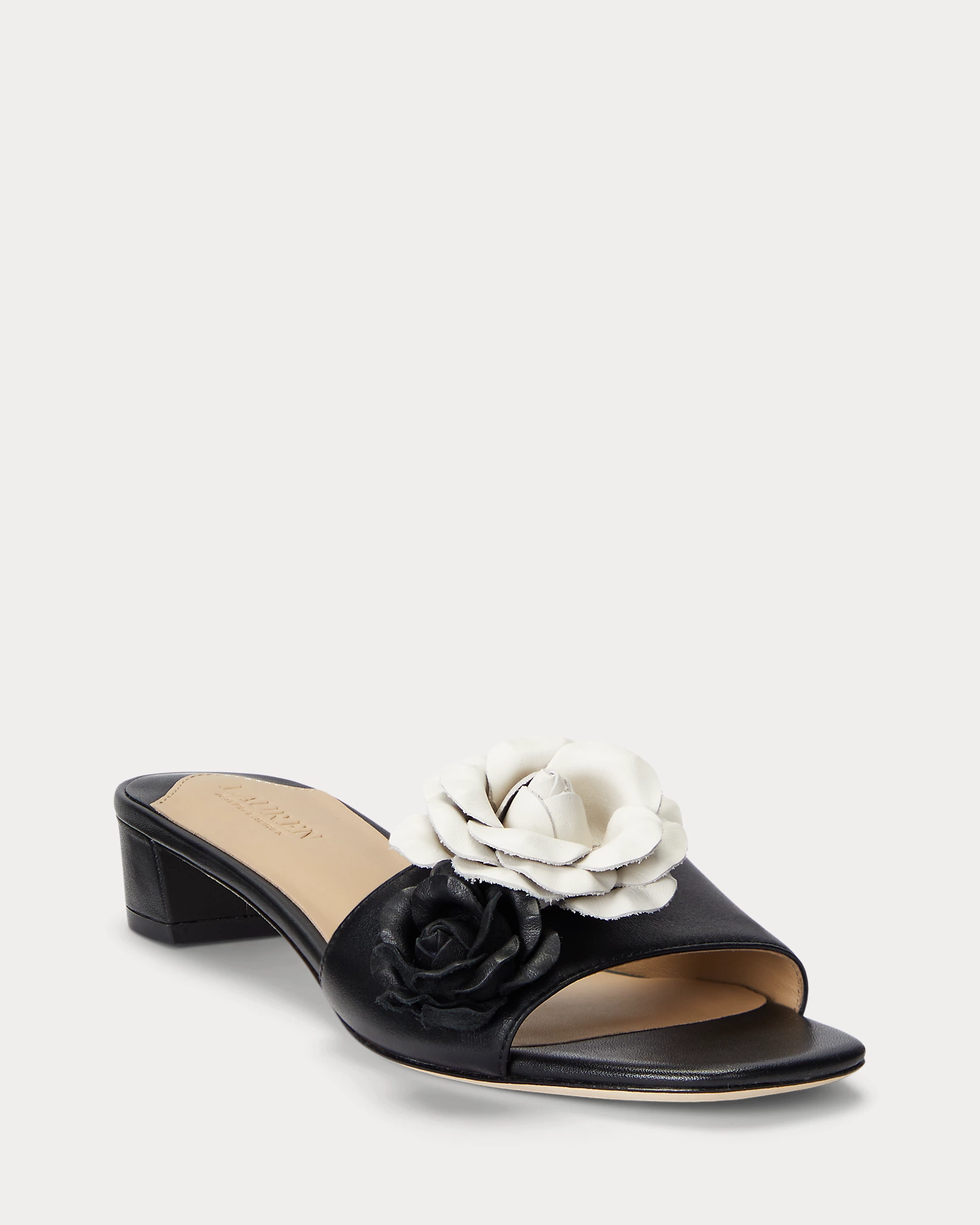 Ralph Lauren - Lauren - Fay Floral-Trim Nappa Leather Sandal - Black/Soft White