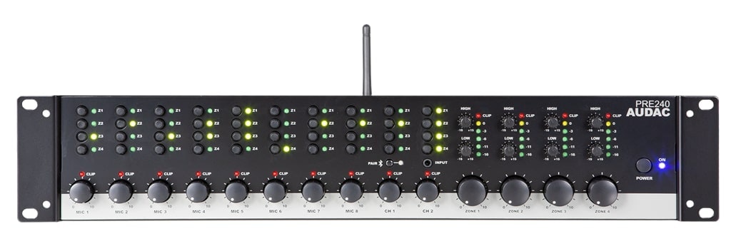 Audac PRE240 Zonmixer - Effektiv och PraktiskUpptäck Audac PRE240, en kraftfull 19” zonmixer som revolutionerar din ljudsetup. Optimal för professionellt ljud med fyra oberoende utgångszoner och en mä