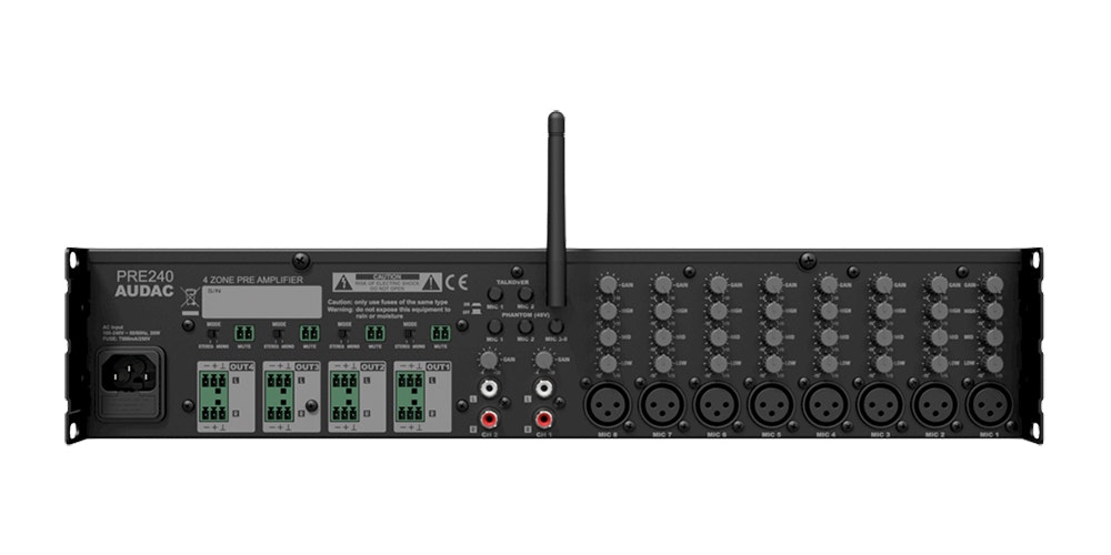 Audac PRE240 Zonmixer - Effektiv och PraktiskUpptäck Audac PRE240, en kraftfull 19” zonmixer som revolutionerar din ljudsetup. Optimal för professionellt ljud med fyra oberoende utgångszoner och en mä