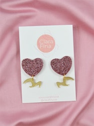 Love birds rosa glitterhjärta med guldfågel